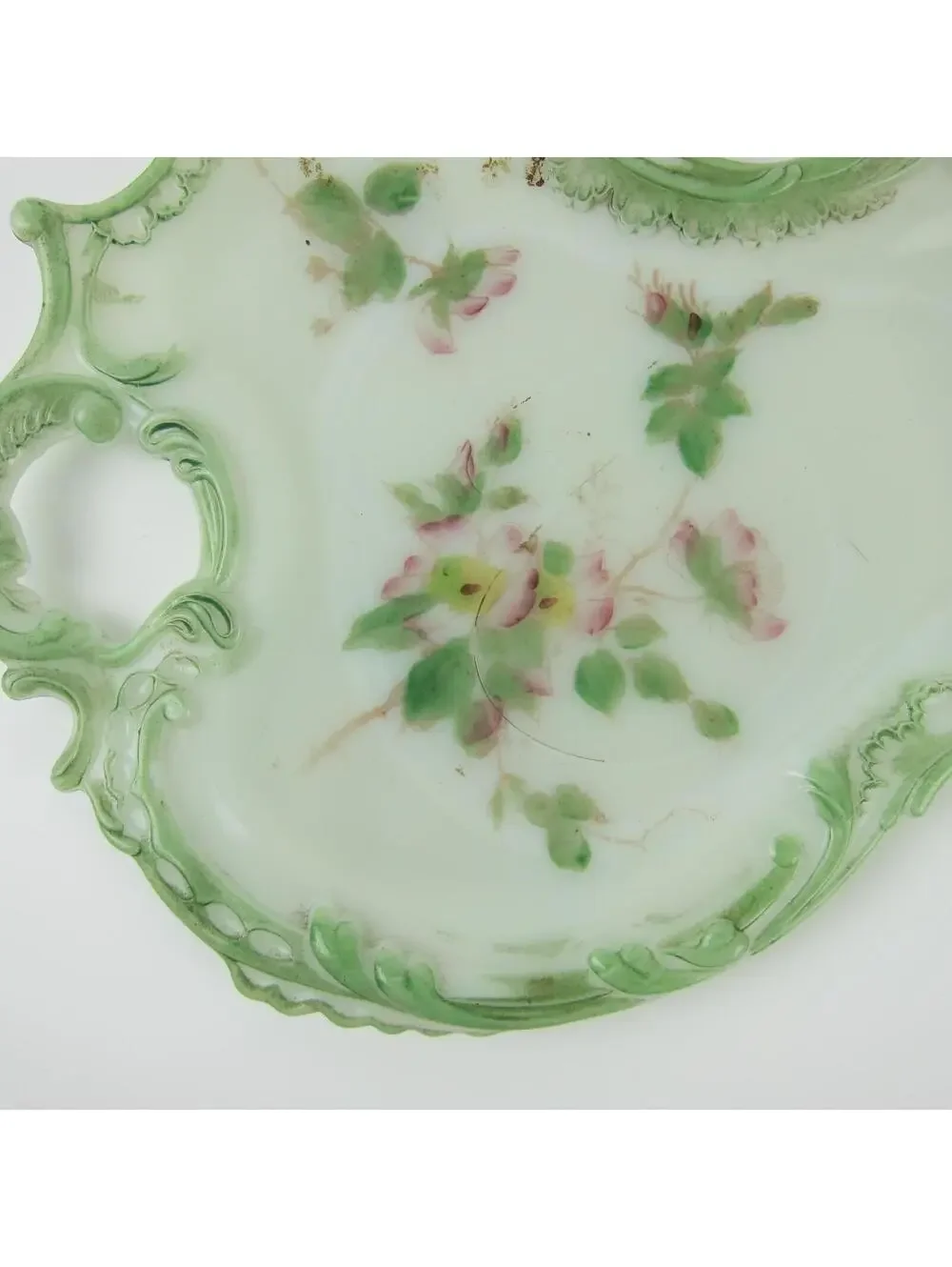 Vintage Milk Glass Vanity Tray / Candy Dish Green & Pink Flowers Open Handle